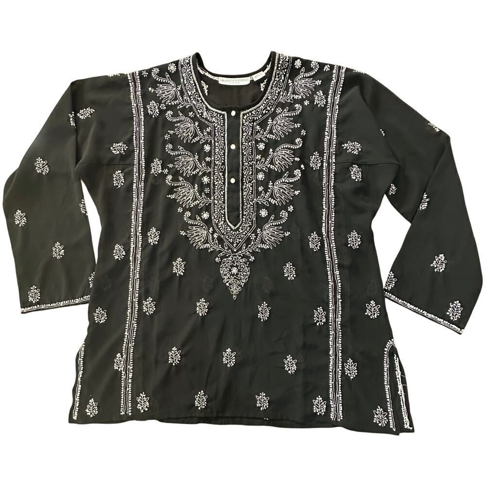 Graham Kandiah NY Embellished Long Sleeve Tunic Flowy Black White Top Size Large